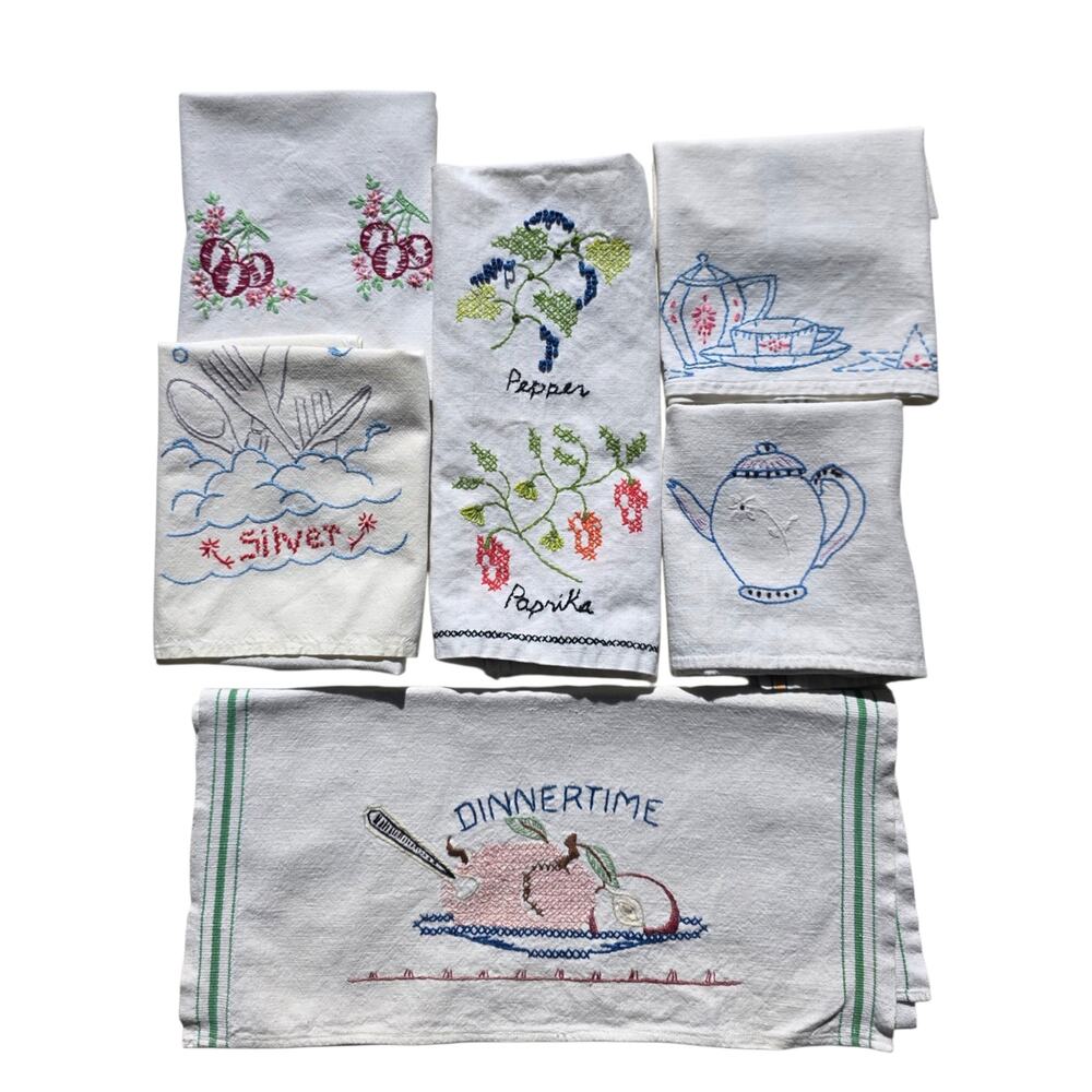 Vintage 1940s 50s Embroidered Kitchen Towel Set Spice Fruit Tea